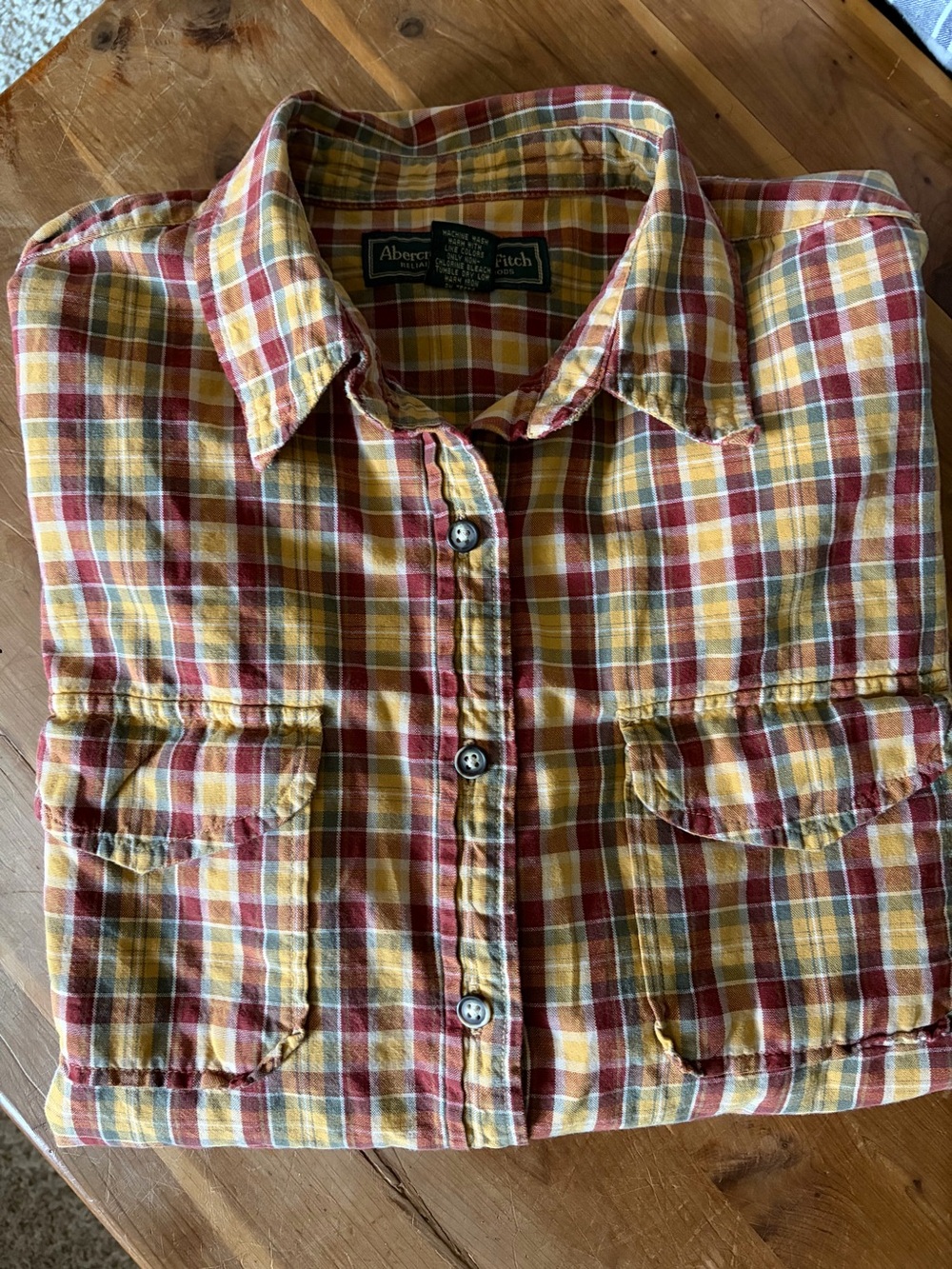 Abercrombie & Fitch Women's Maroon and Yellow Plaid Button-Down Shirt